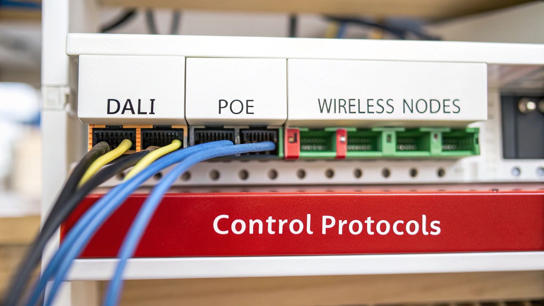 A control panel features DALI, POE, and Wireless Nodes connections, showcasing various intelligent control protocols.