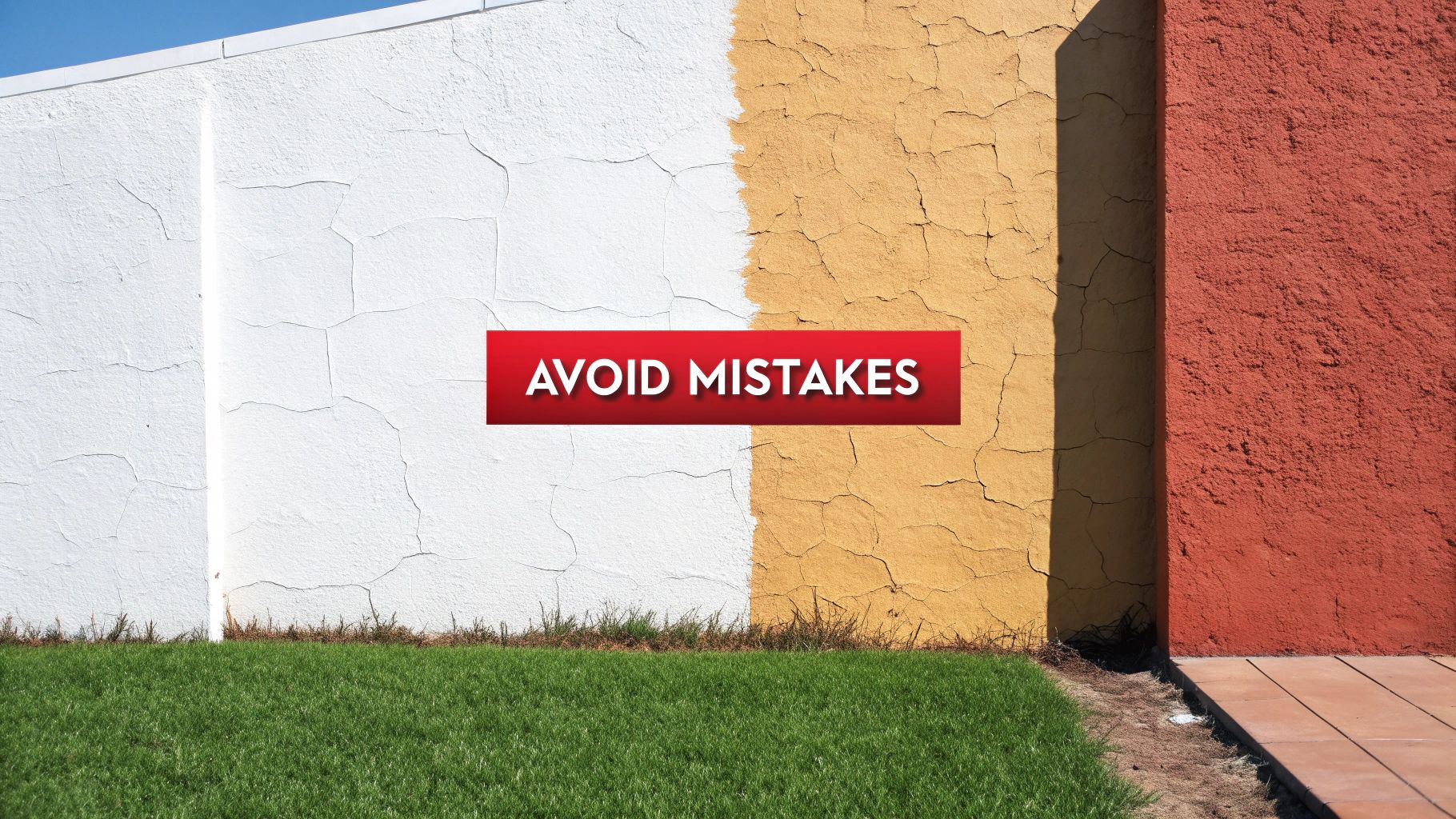 A cracked wall partially painted white, yellow, and red, with an 'AVOID MISTAKES' banner.