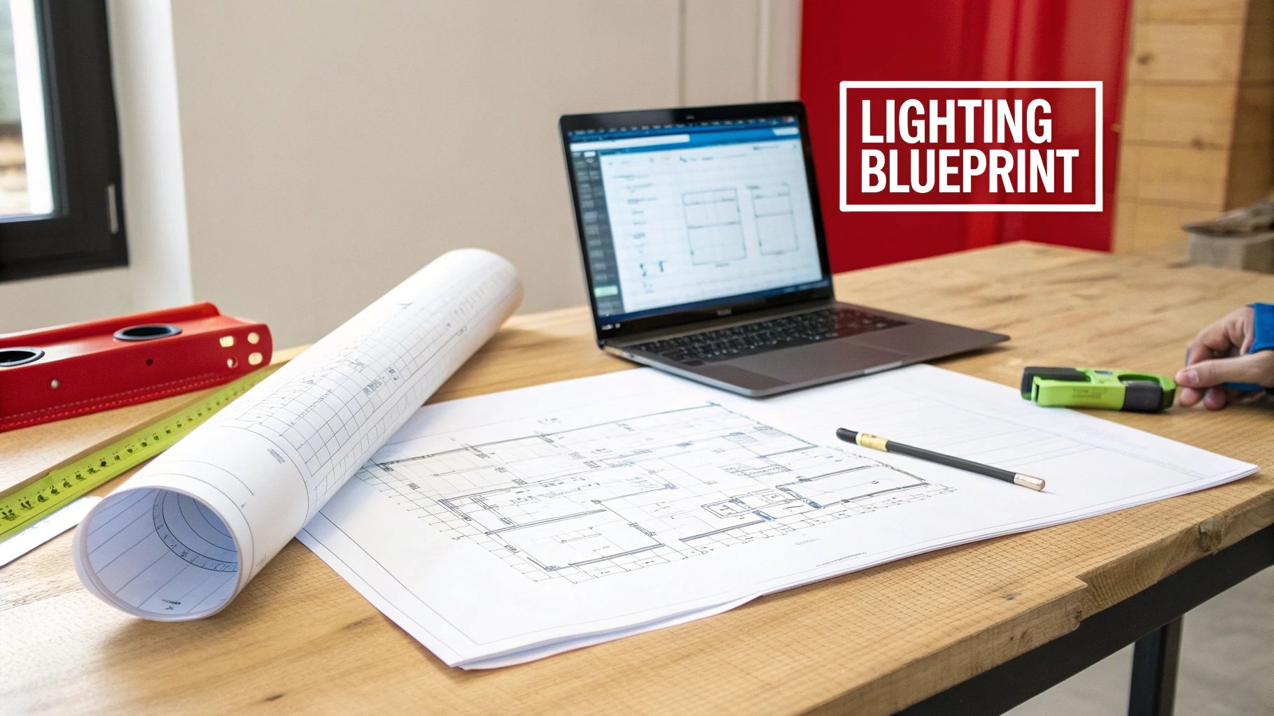 A desk setup with architectural blueprints, a laptop, and tools, featuring a 'LIGHTING BLUEPRINT' overlay.