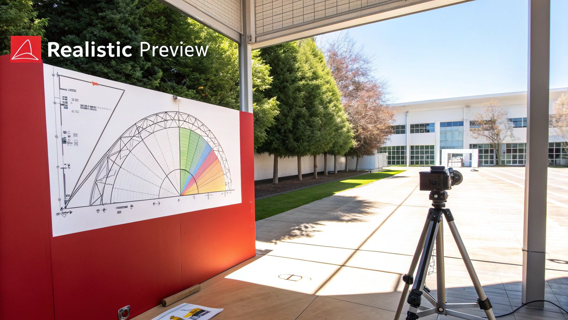 Outdoor setup with a lighting plan chart, camera on tripod, and modern building in bright sunlight.