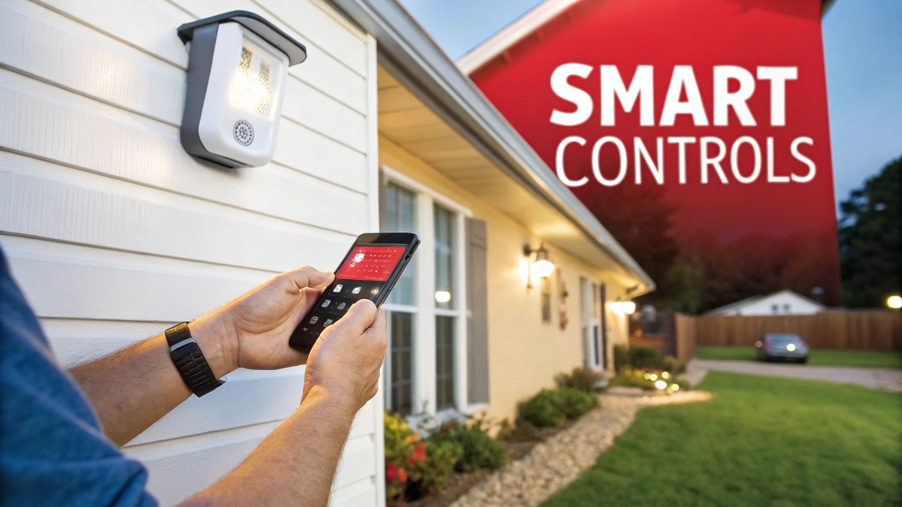 Person using a smartphone to control a smart outdoor light on a residential house at dusk.