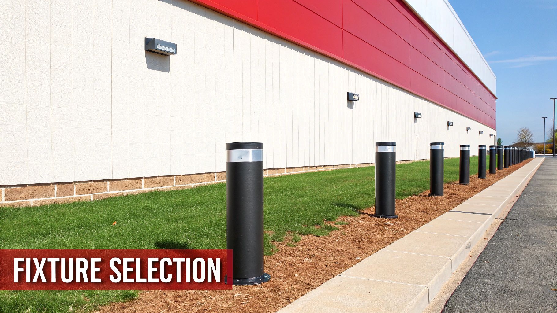 A long row of black bollard lights illuminating the exterior facade of a commercial building.