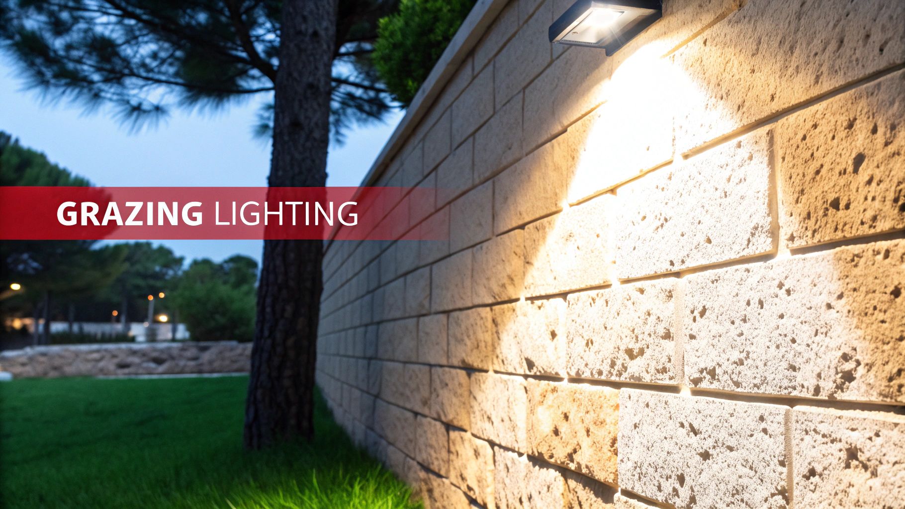 An outdoor light fixture illuminates a textured brick wall with grazing lighting, highlighting its surface.