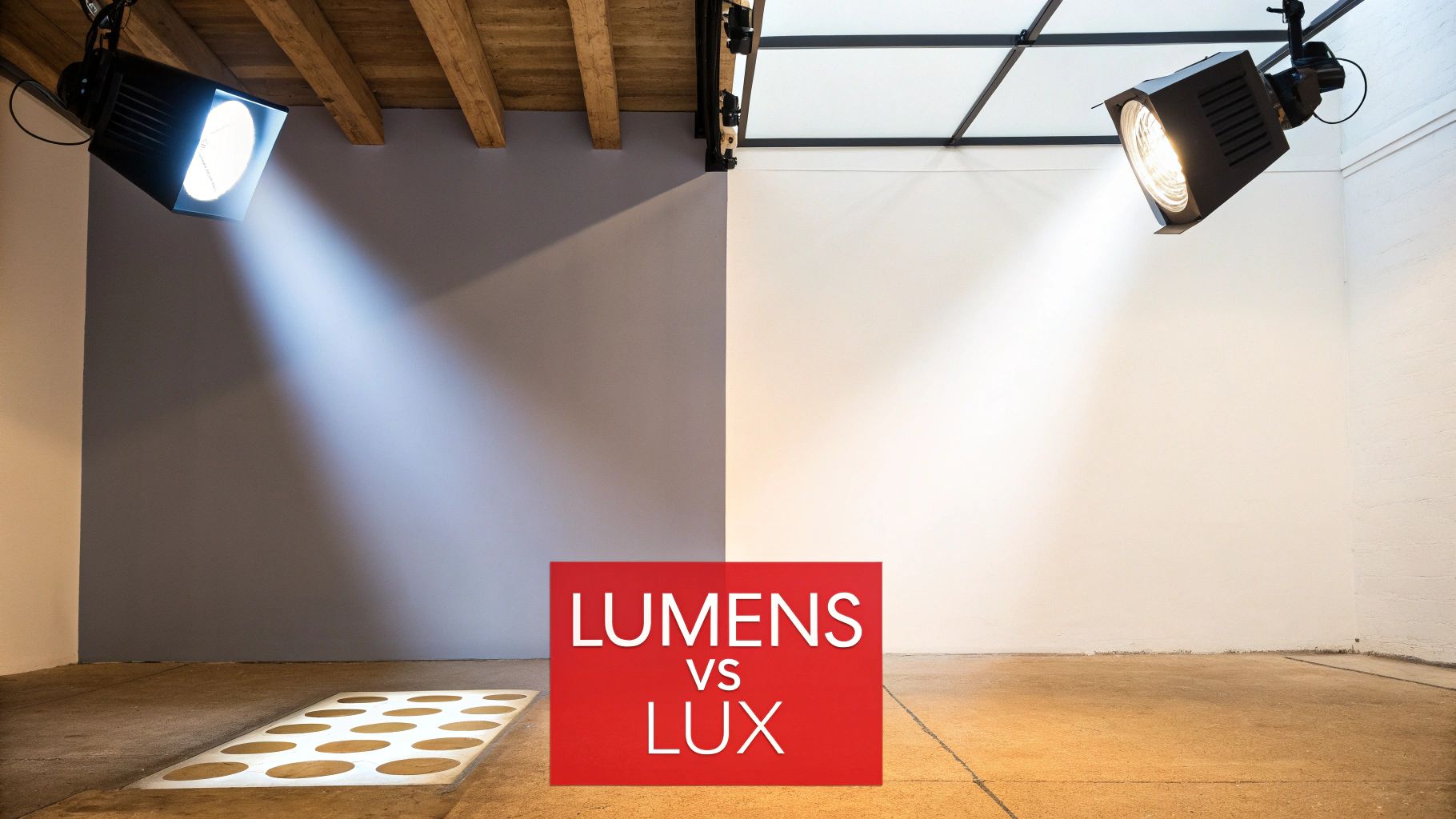 Two spotlights cast light onto a room divided by color, with a 'LUMENS VS LUX' sign.
