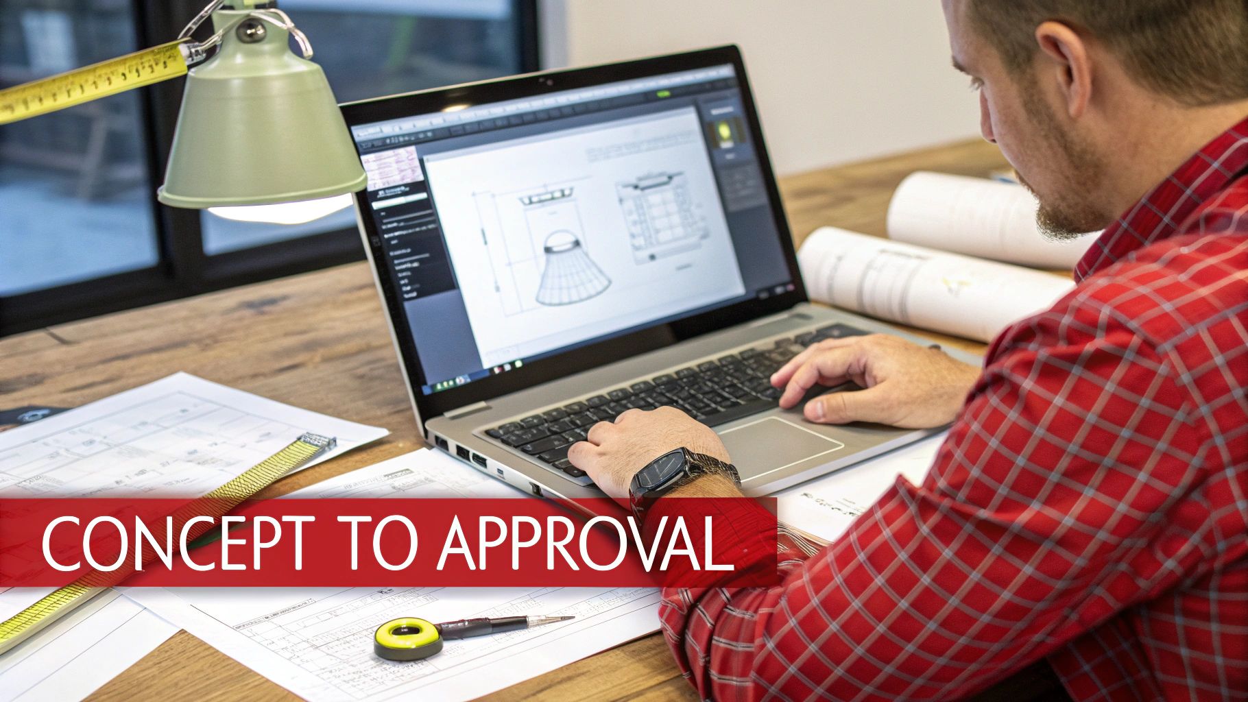 Engineer working on a laptop displaying a technical drawing of a light fixture, surrounded by blueprints.