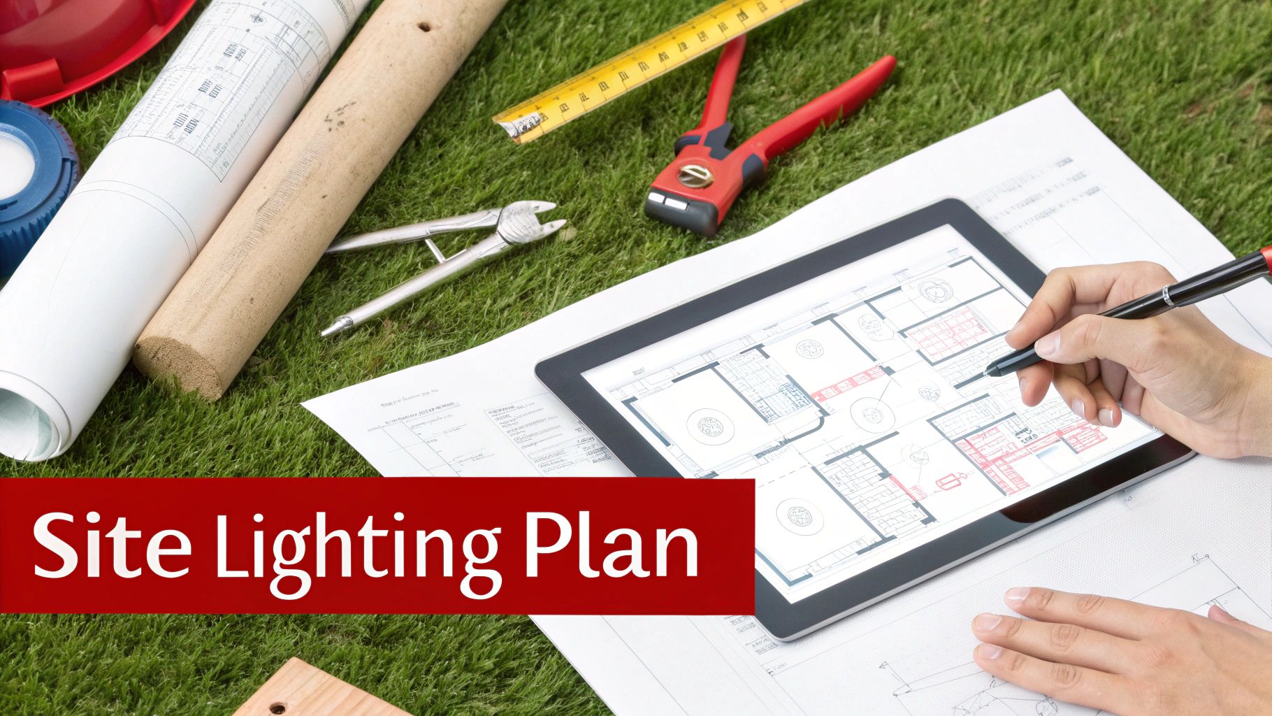 An aerial view of construction tools and a tablet displaying a site lighting plan on grass.