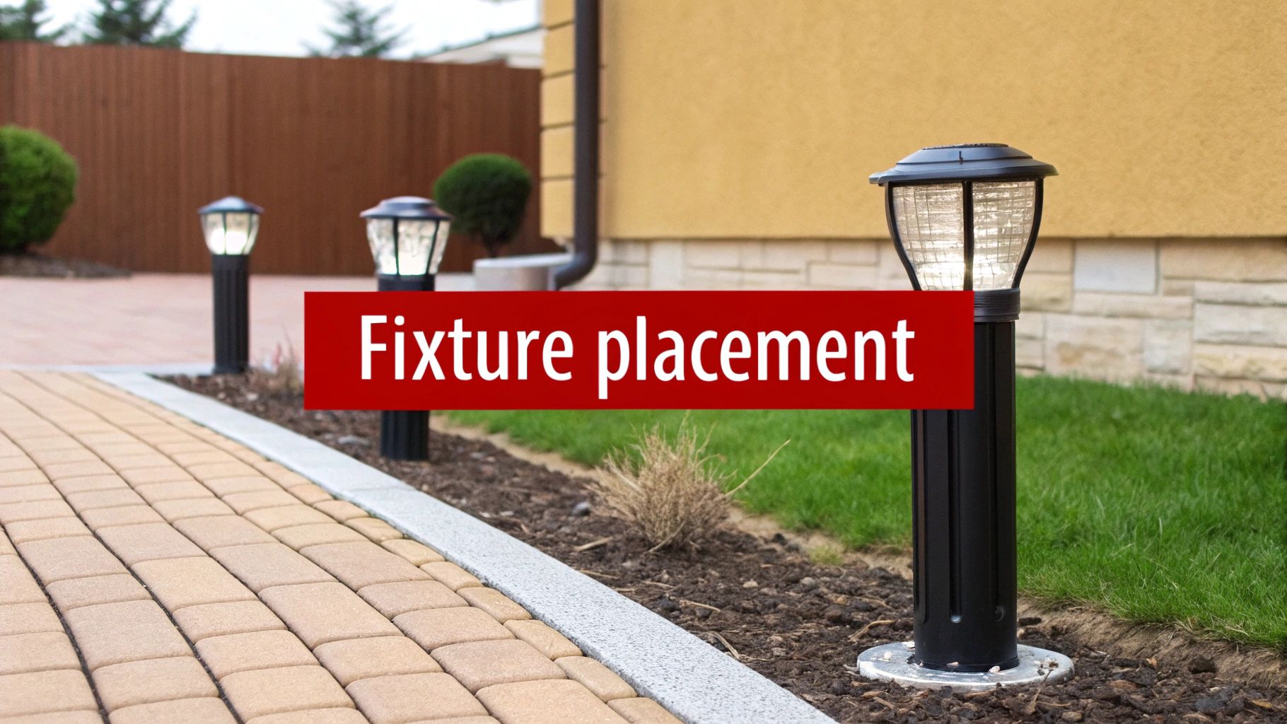 Three black outdoor bollard lights illuminate a paved pathway next to a residential building and garden.