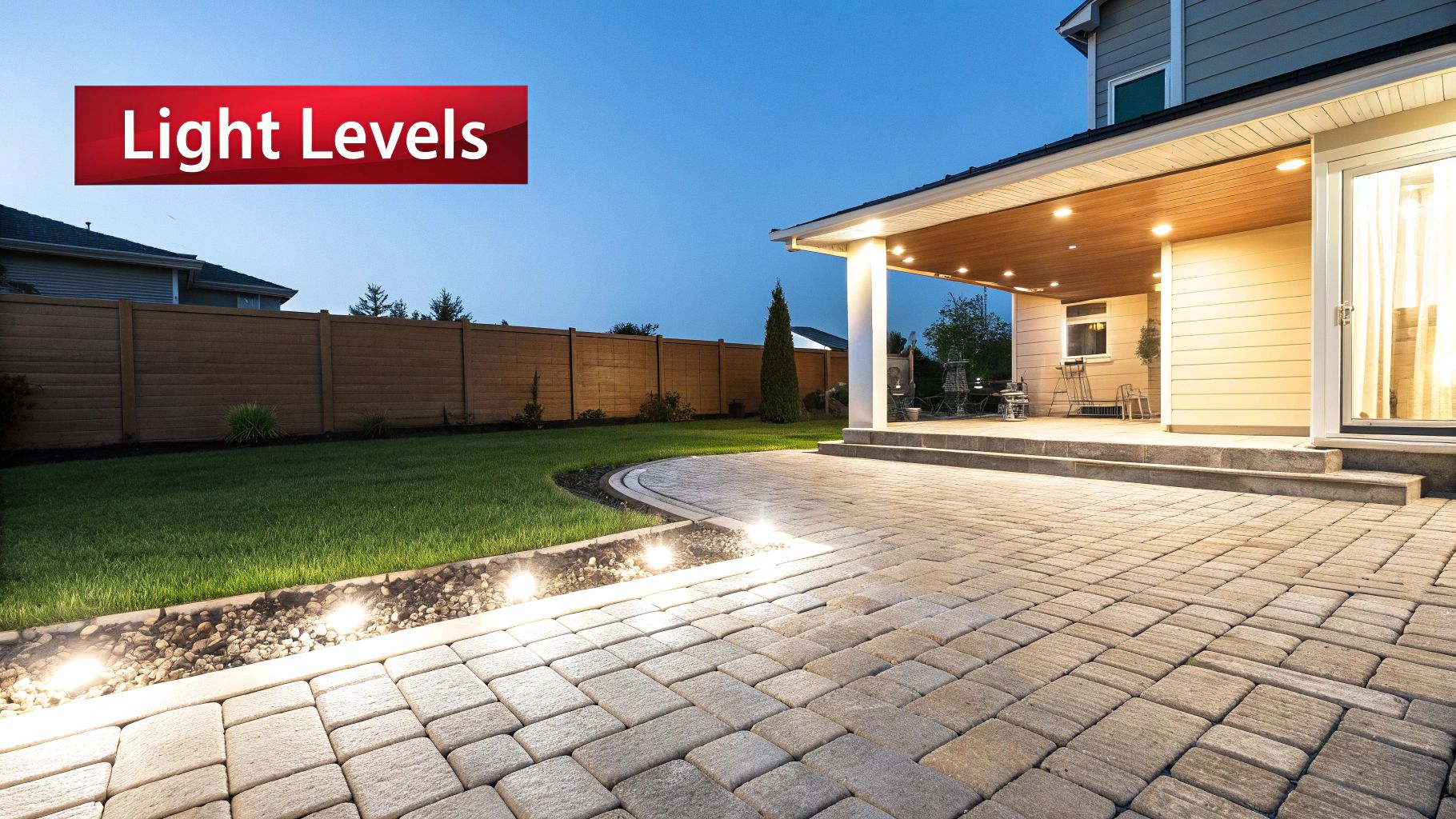 Beautiful residential backyard at dusk with illuminated patio, pathway lights, and covered outdoor living space.