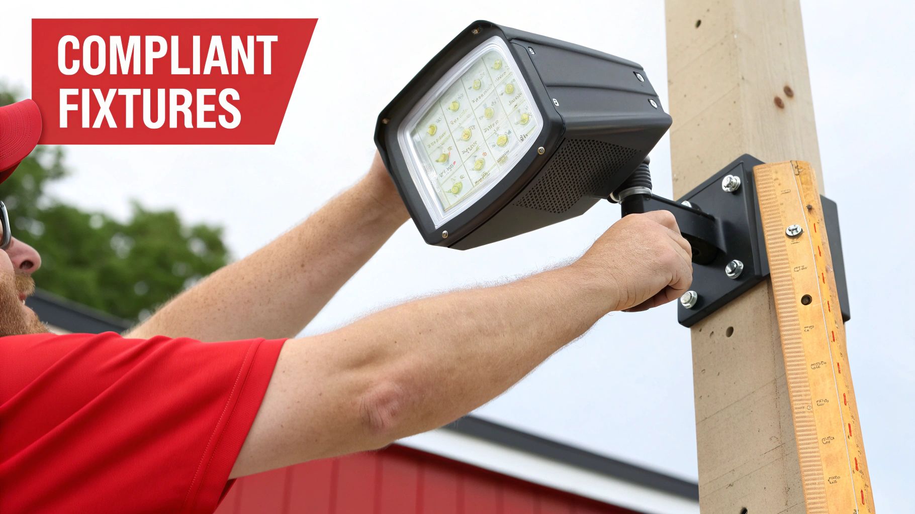 Person installing a compliant outdoor LED light fixture onto a wooden post.