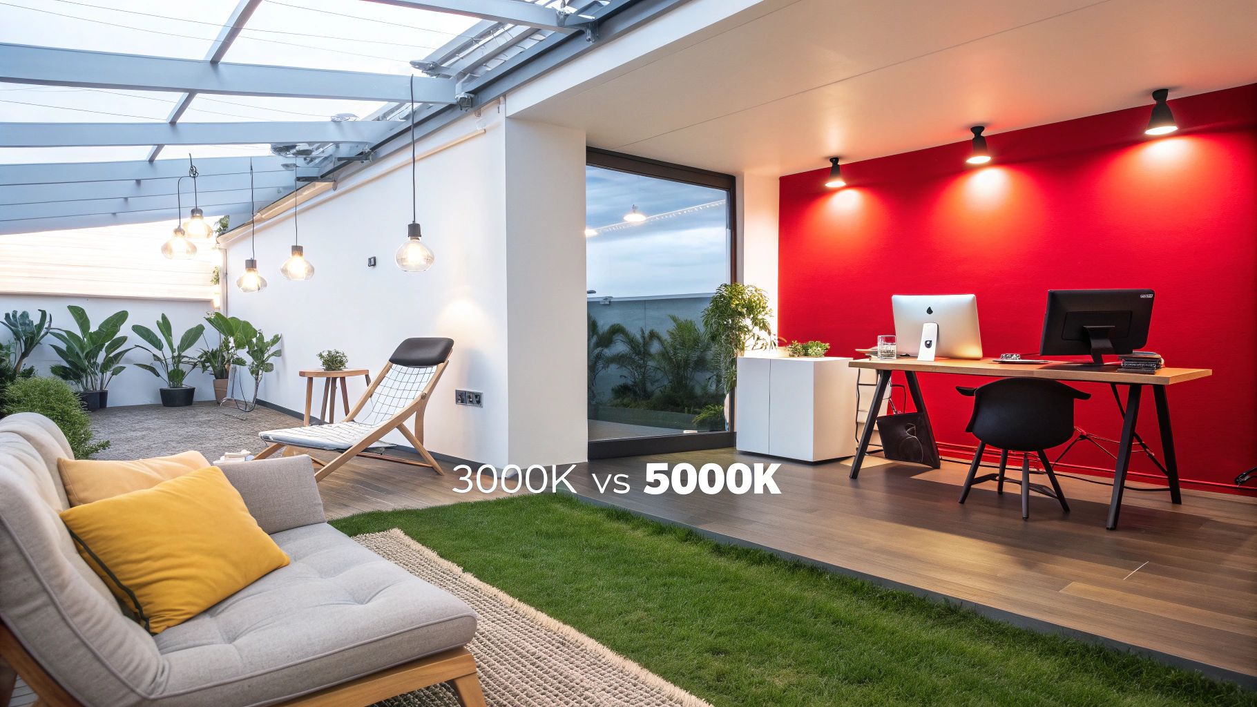 Modern home office and lounge area demonstrating a comparison between 3000K and 5000K lighting.