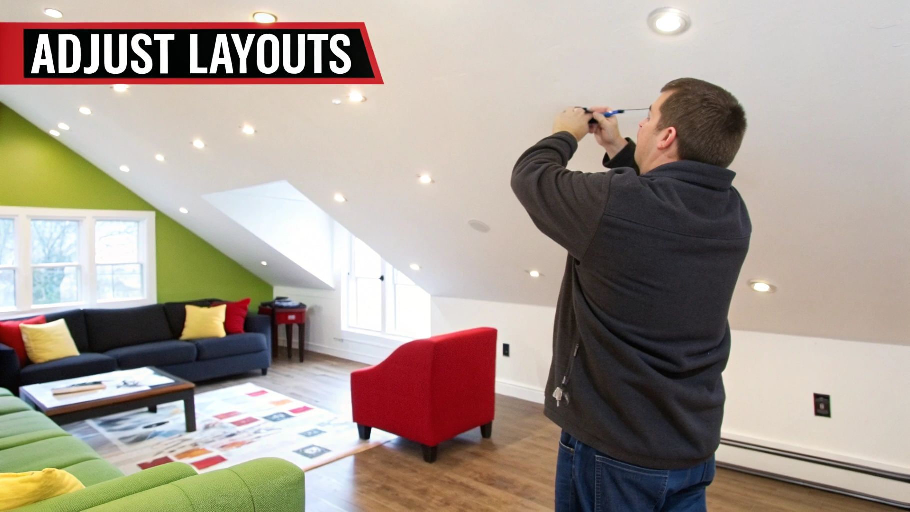 A man adjusts a recessed light on a sloped white ceiling in a bright living room with green walls.