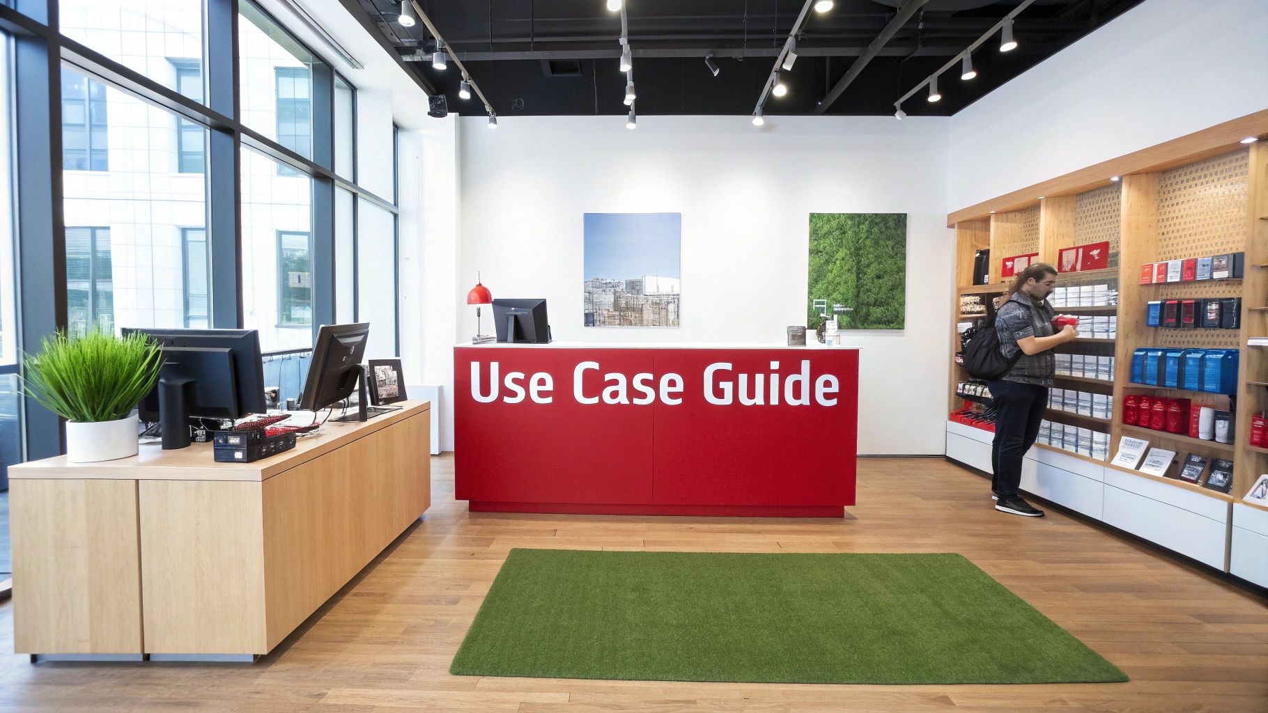 A modern store interior featuring a red 'Use Case Guide' counter, product shelves, and a man browsing.