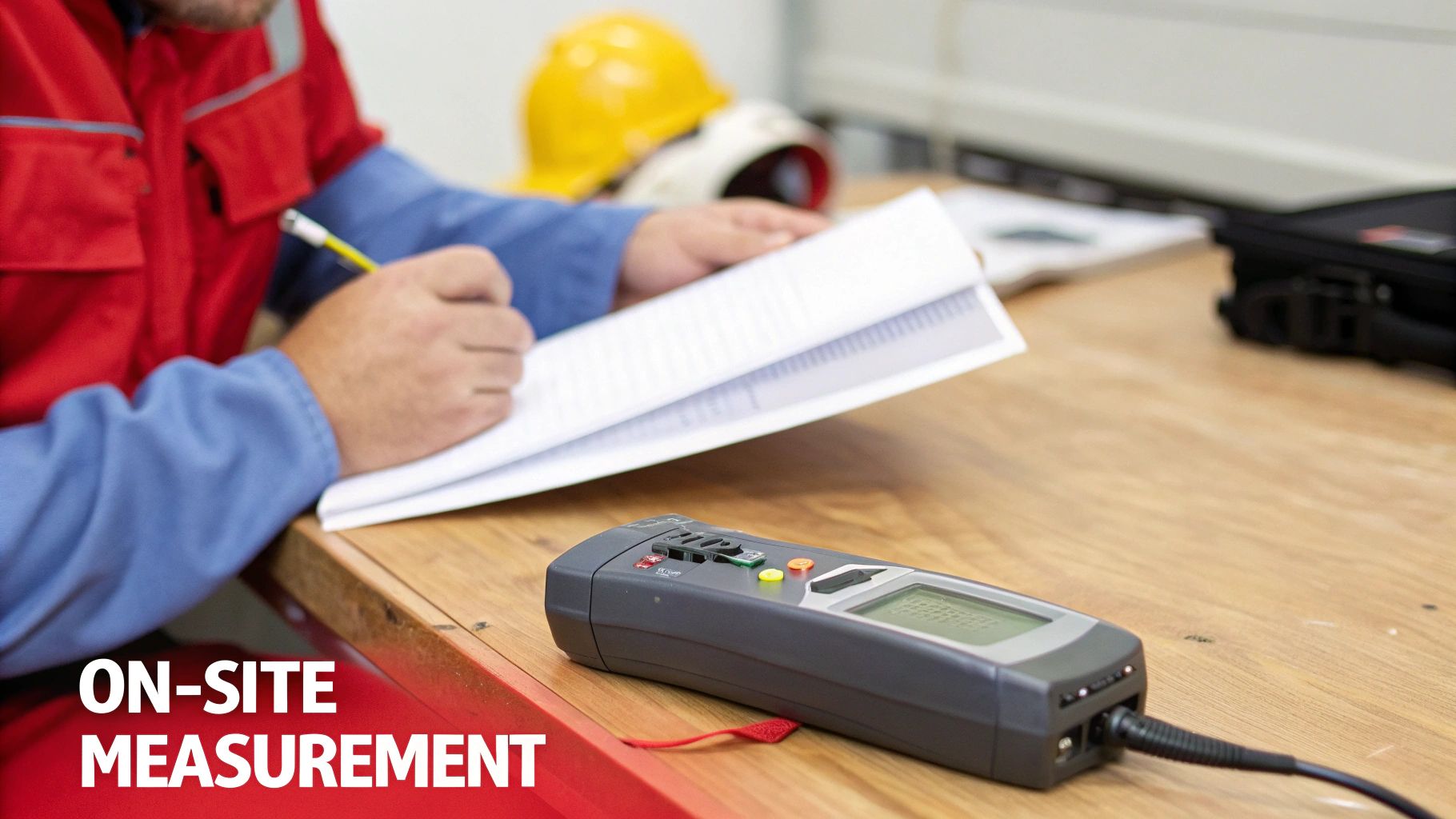 A worker in a red uniform writing in a notebook next to a digital measurement device.