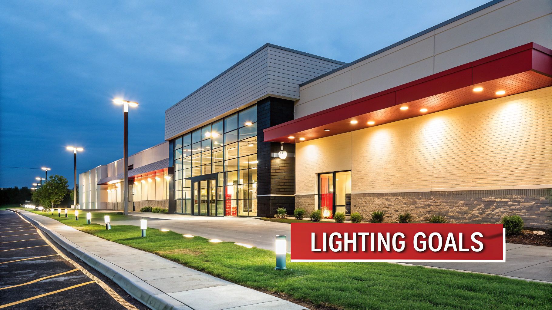 Modern commercial building exterior at dusk, featuring bright pole lights, bollard lights, and facade illumination.