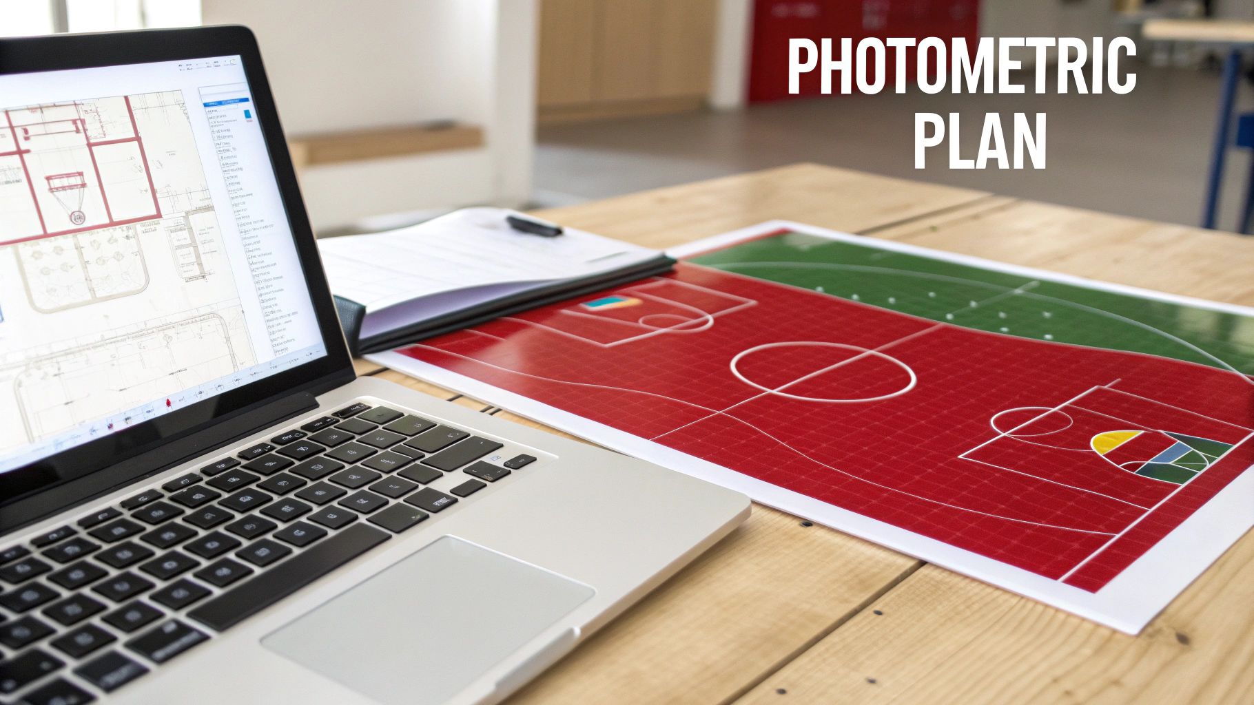 A laptop displays a floor plan next to a basketball court photometric plan on a wooden desk.