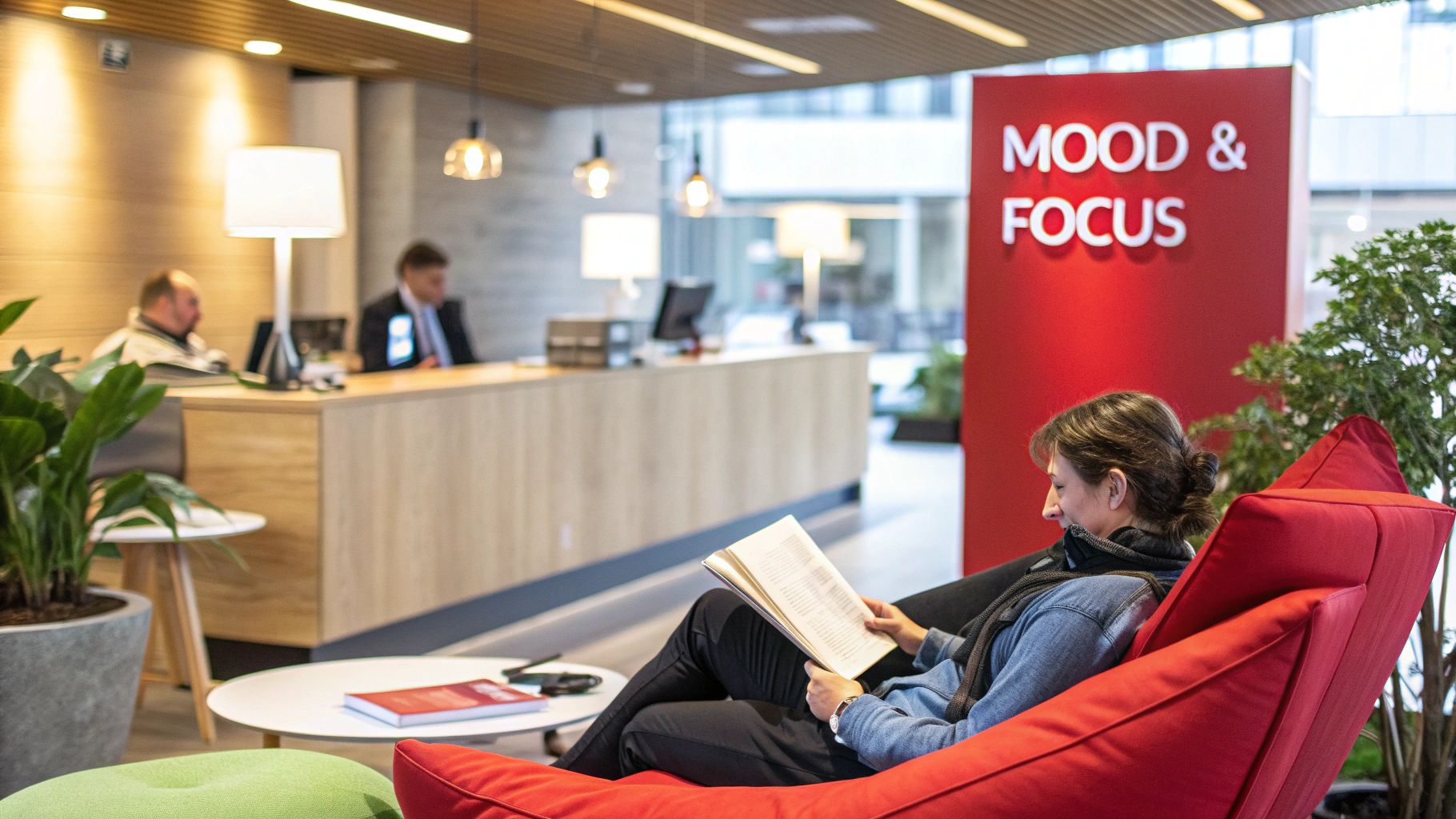 A woman reads in a red beanbag chair in a modern office lobby with a 'MOOD & FOCUS' sign.