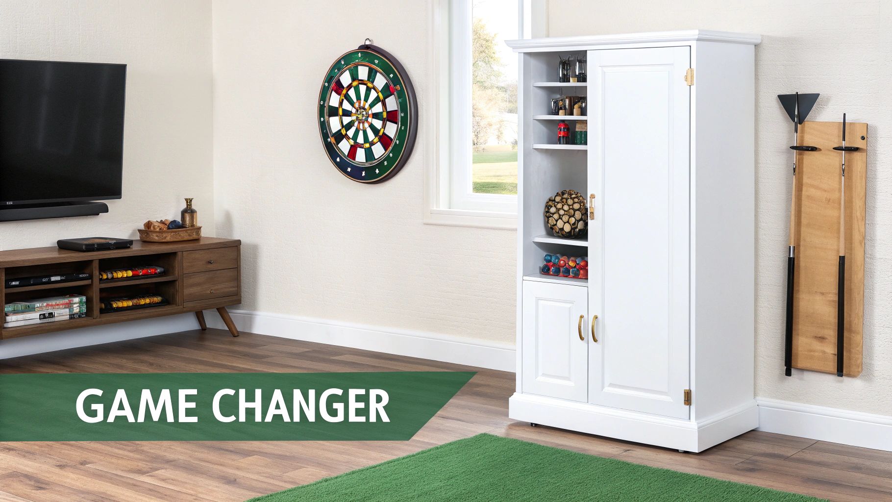 A modern game room featuring a dartboard, a white storage cabinet, TV, and pool cue rack.