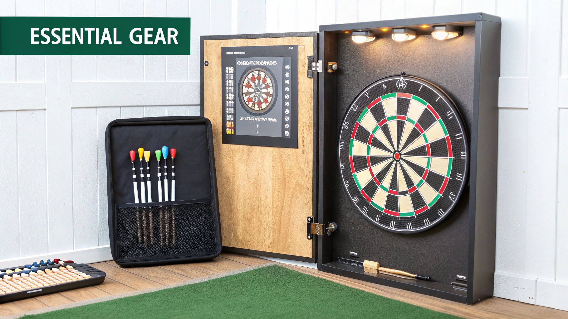 Open dartboard cabinet showing an illuminated dartboard, a digital score display, and a bag of darts.