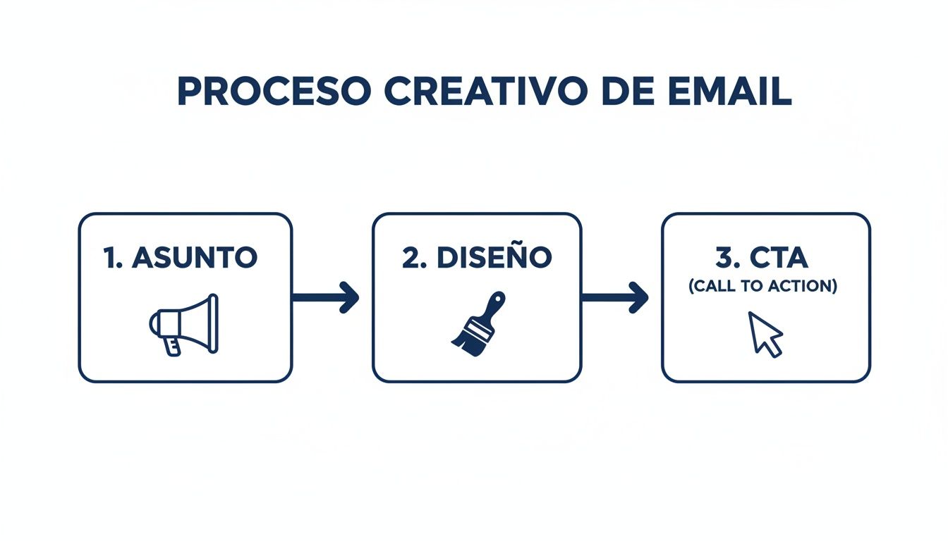 Diagrama de flujo que ilustra el proceso creativo para un email: Asunto, Diseño y CTA.