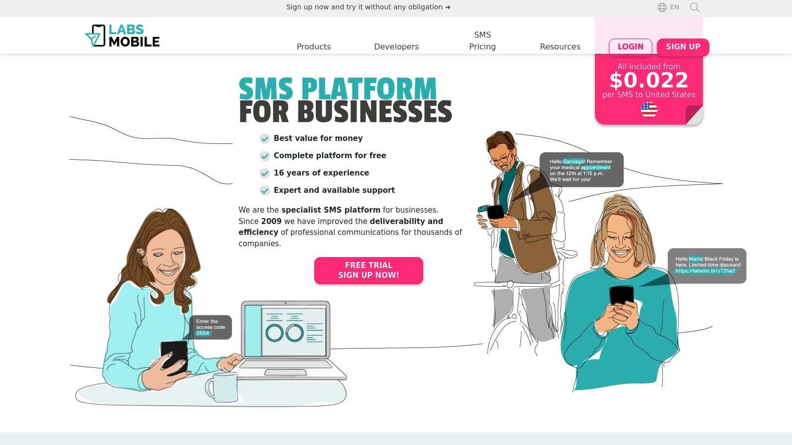 Interfaz de la plataforma de envío de SMS de LabsMobile
