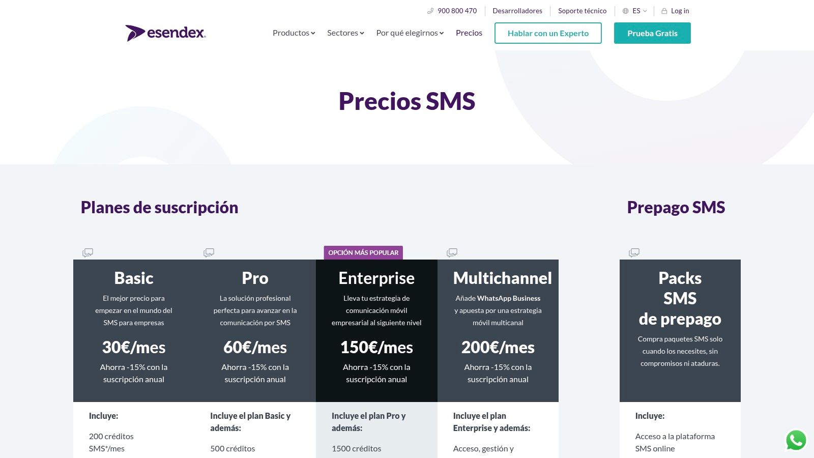 Planes de precios de Esendex para el envío de SMS