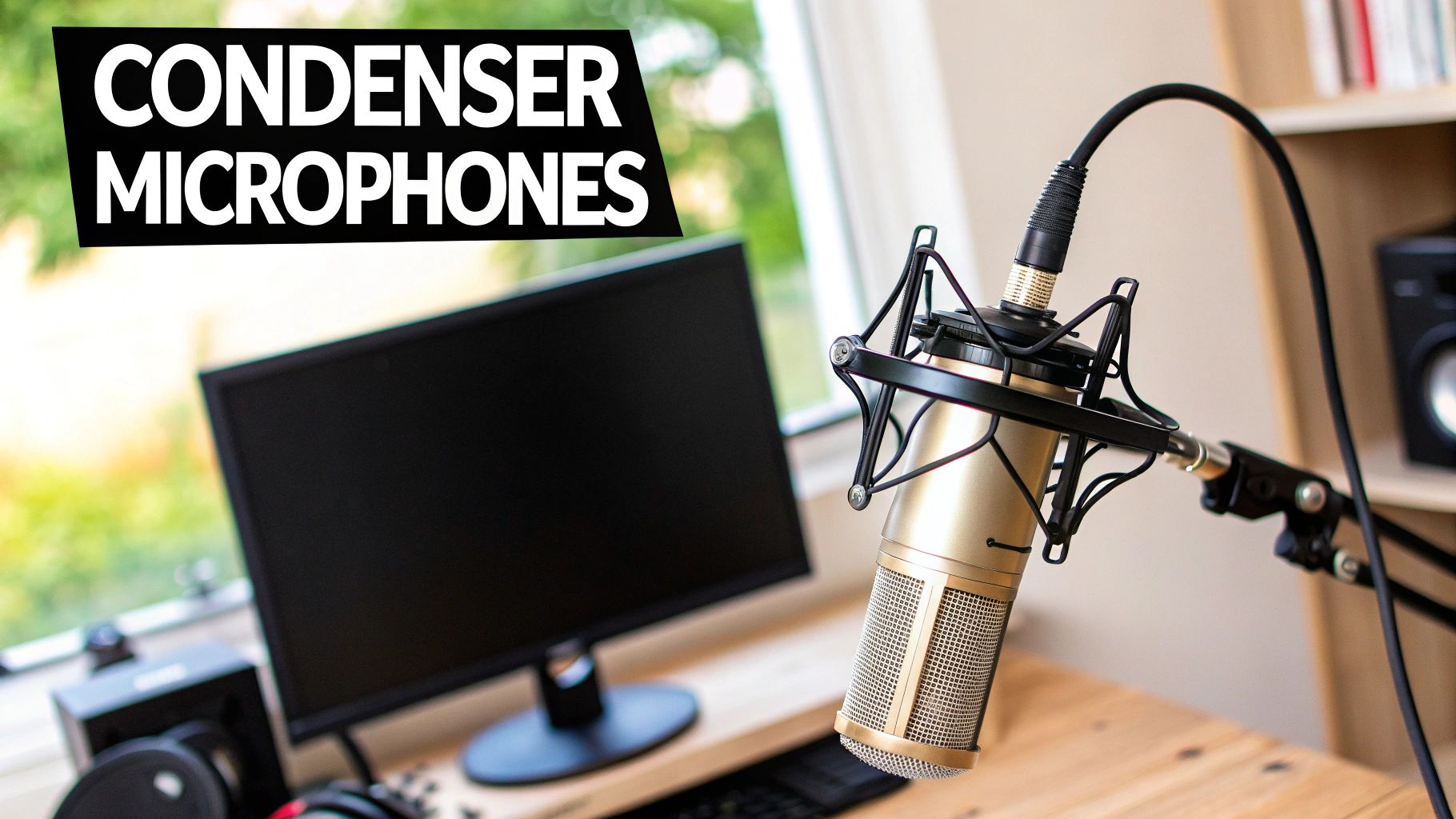 A popular handheld dynamic microphone on a stand, ready for recording.