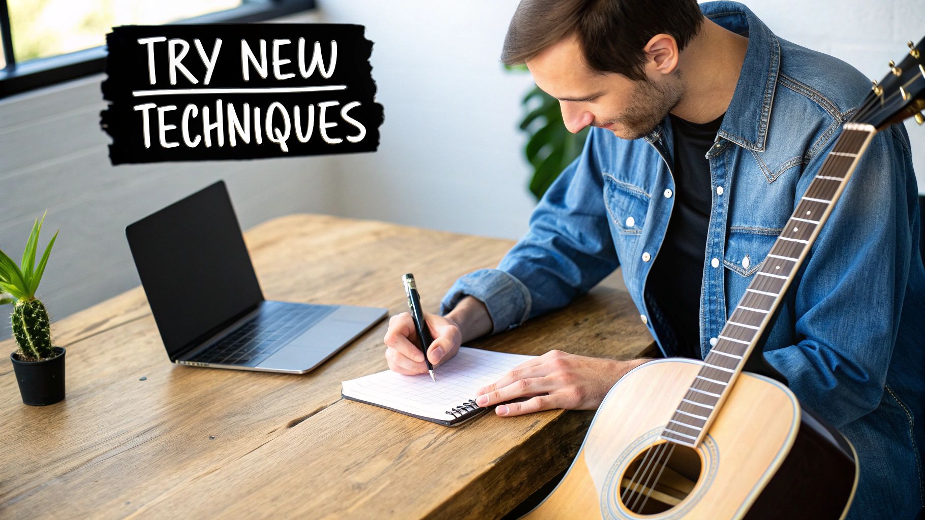 A person sitting thoughtfully at a desk with a guitar and notebook, representing the internal struggle of songwriting block.