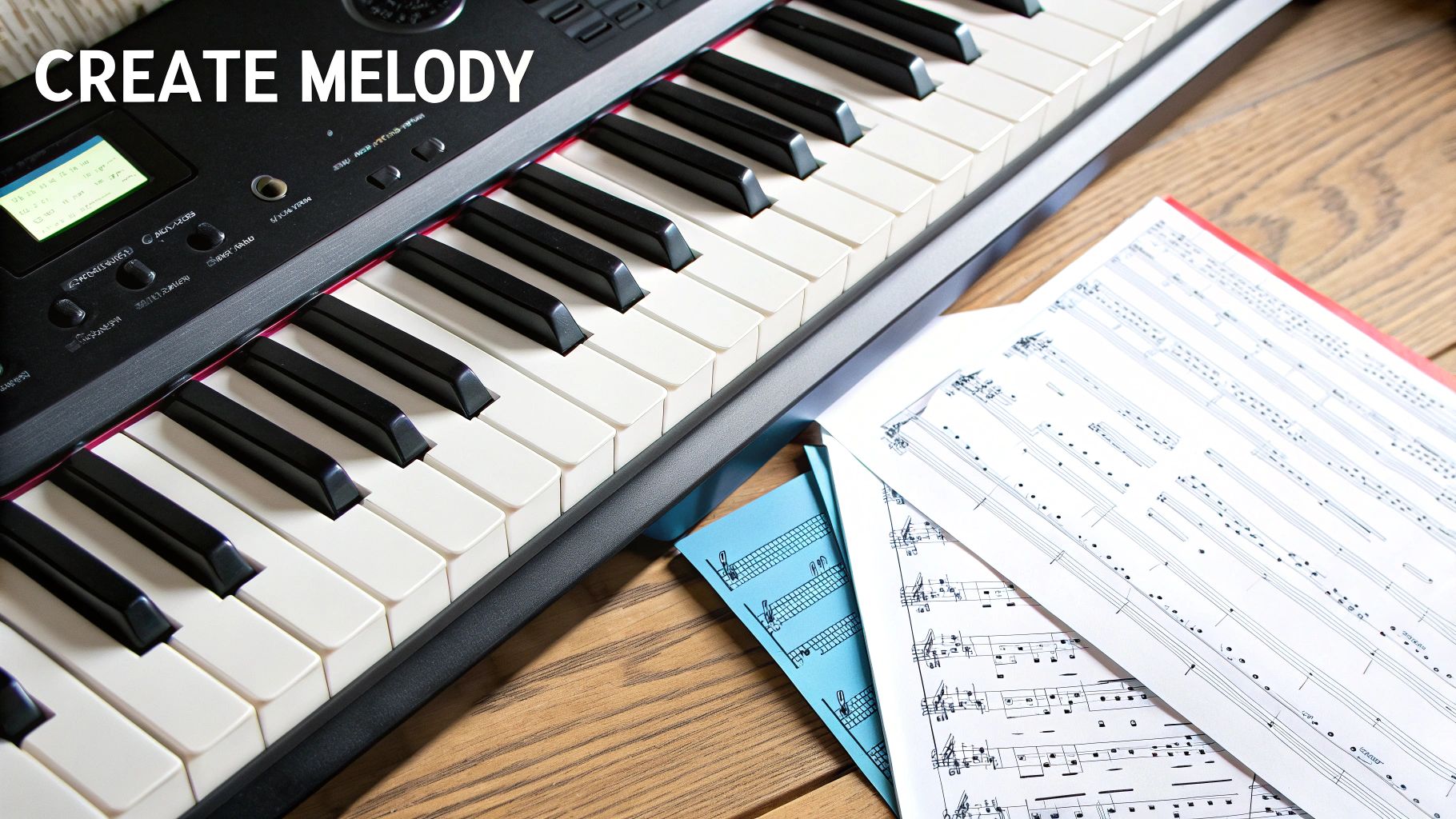 A person playing a keyboard, focusing on creating a melody.