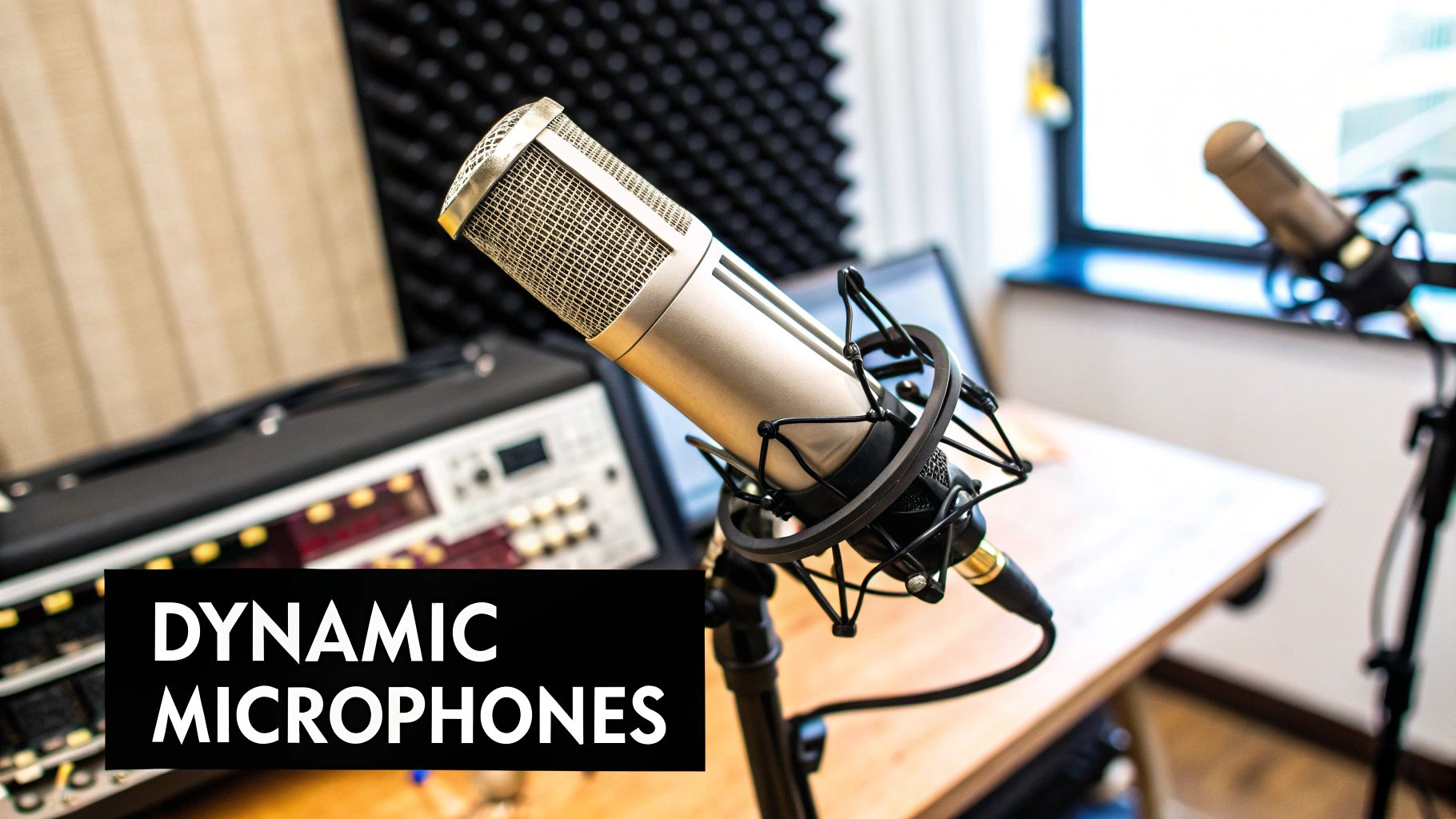 A studio setup showing different microphone types for recording on stands.