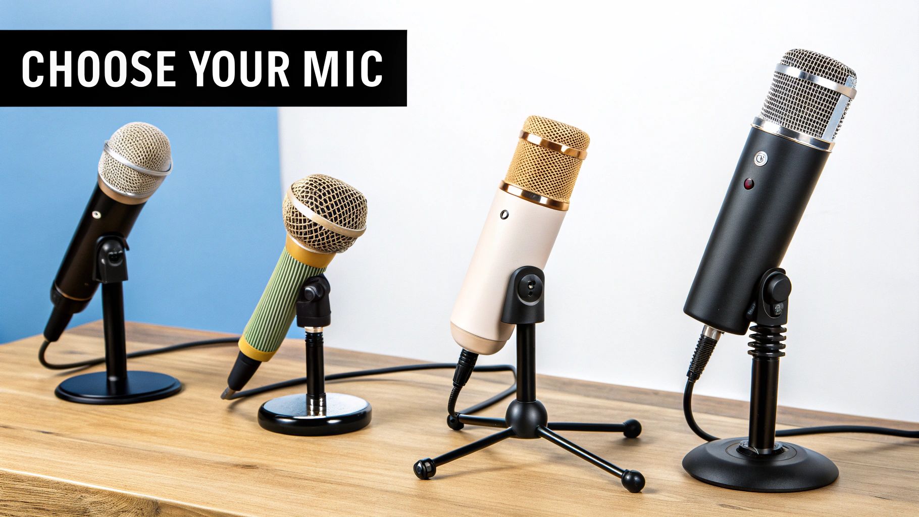 A home studio setup with a microphone, audio interface, and laptop on a desk