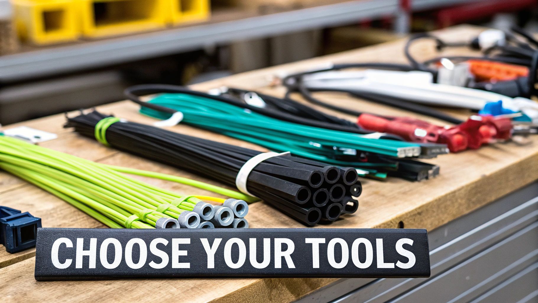Several cable management tools like velcro ties, cable sleeves, and adhesive clips arranged neatly on a wooden surface.