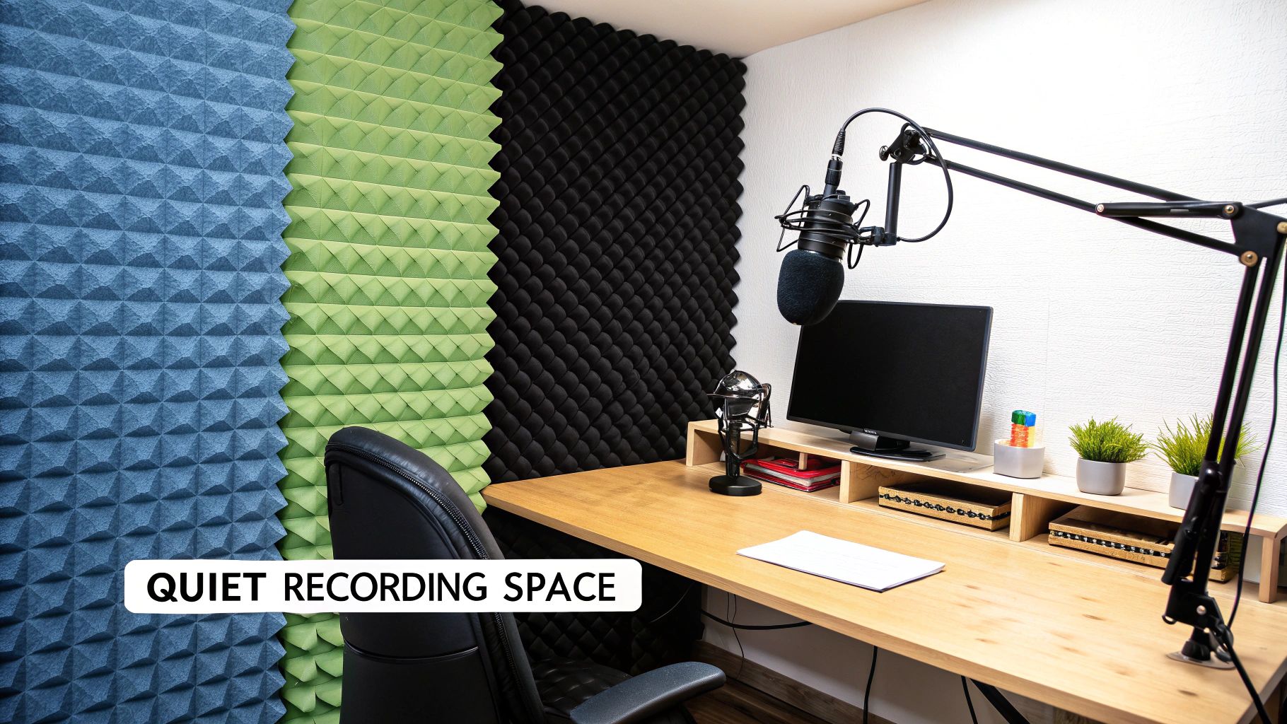 A female vocalist singing into a condenser microphone with a pop filter in a home studio environment.