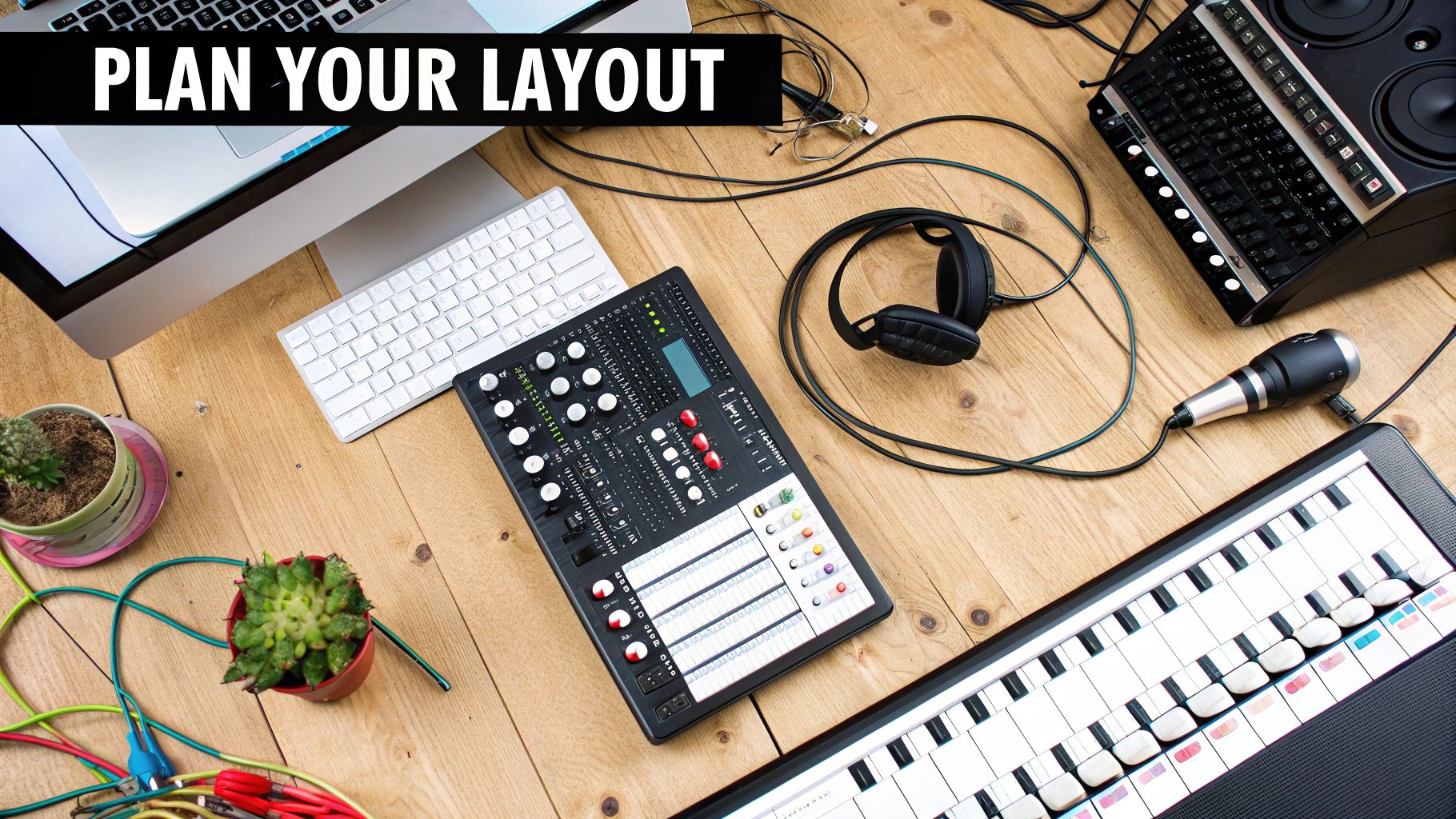A well-organized music studio desk with monitors, a laptop, and an audio interface, showcasing clean cable management.