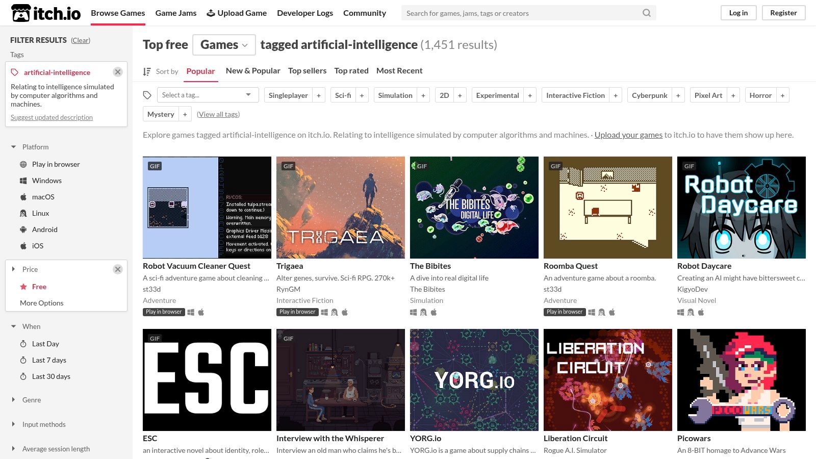 itch.io – AI games (free category)
