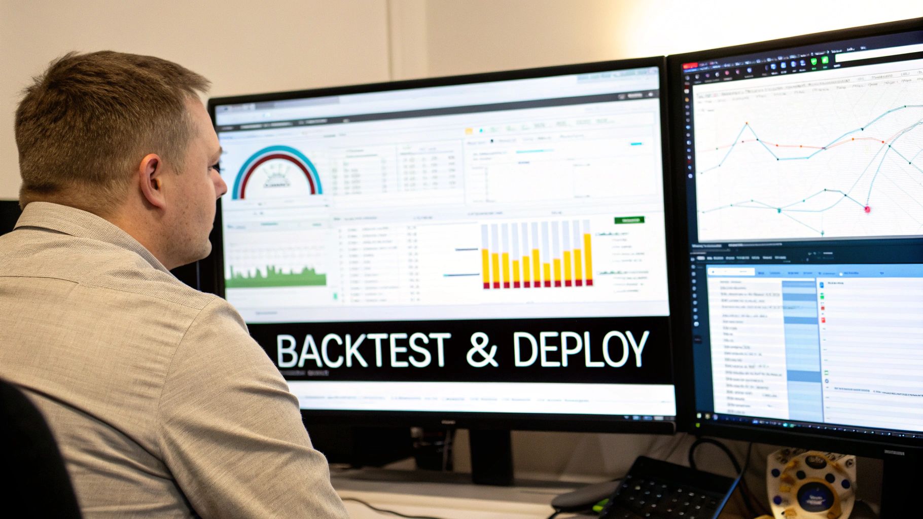 A man focusing on dual computer screens displaying charts, data, and 'BACKTEST & DEPLOY' text.