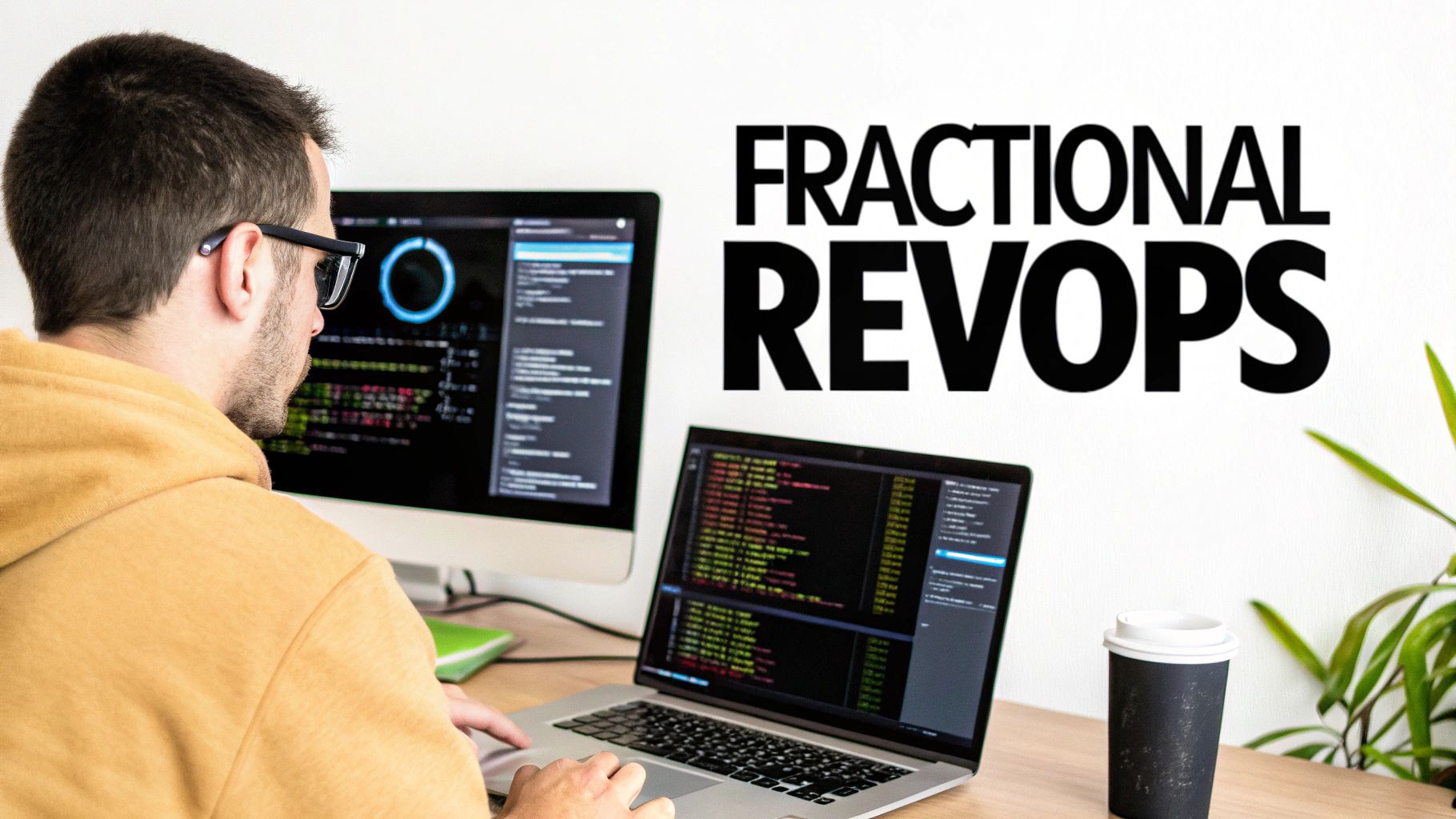 A person in glasses works on multiple computer screens displaying data and code, with 'FRACTIONAL REVOPS' text on the wall.