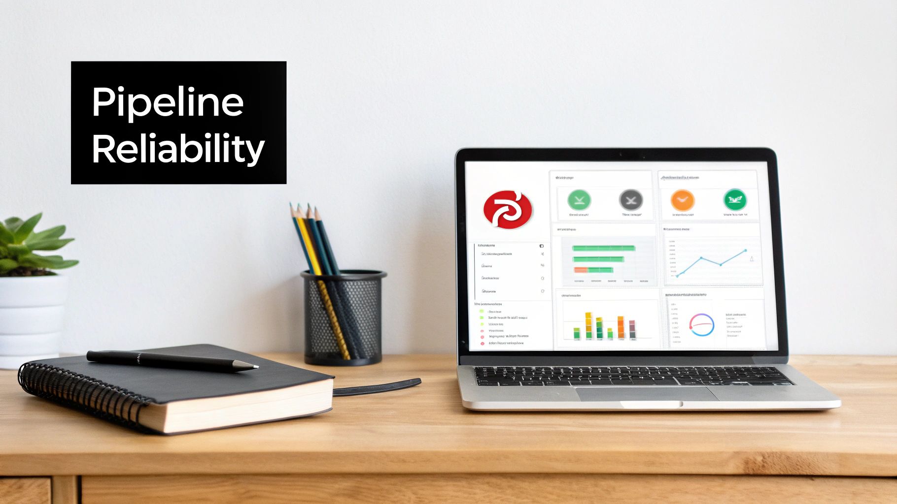 A laptop on a wooden desk displaying a data analytics dashboard related to pipeline reliability.