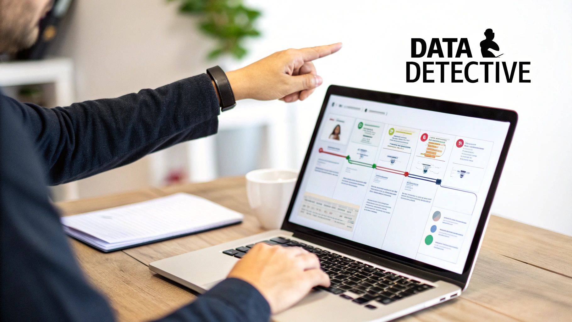 Person pointing at a laptop screen displaying a complex data analysis dashboard with graphs and timelines.