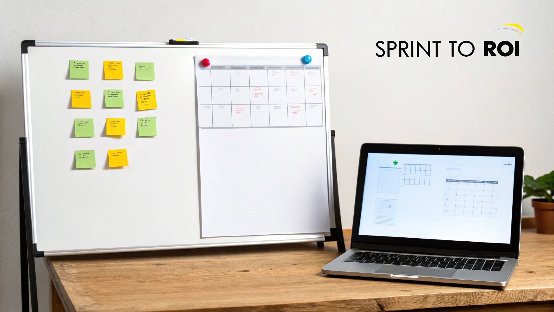 A productivity workspace featuring a whiteboard with sticky notes, a calendar, and a laptop on a wooden desk.