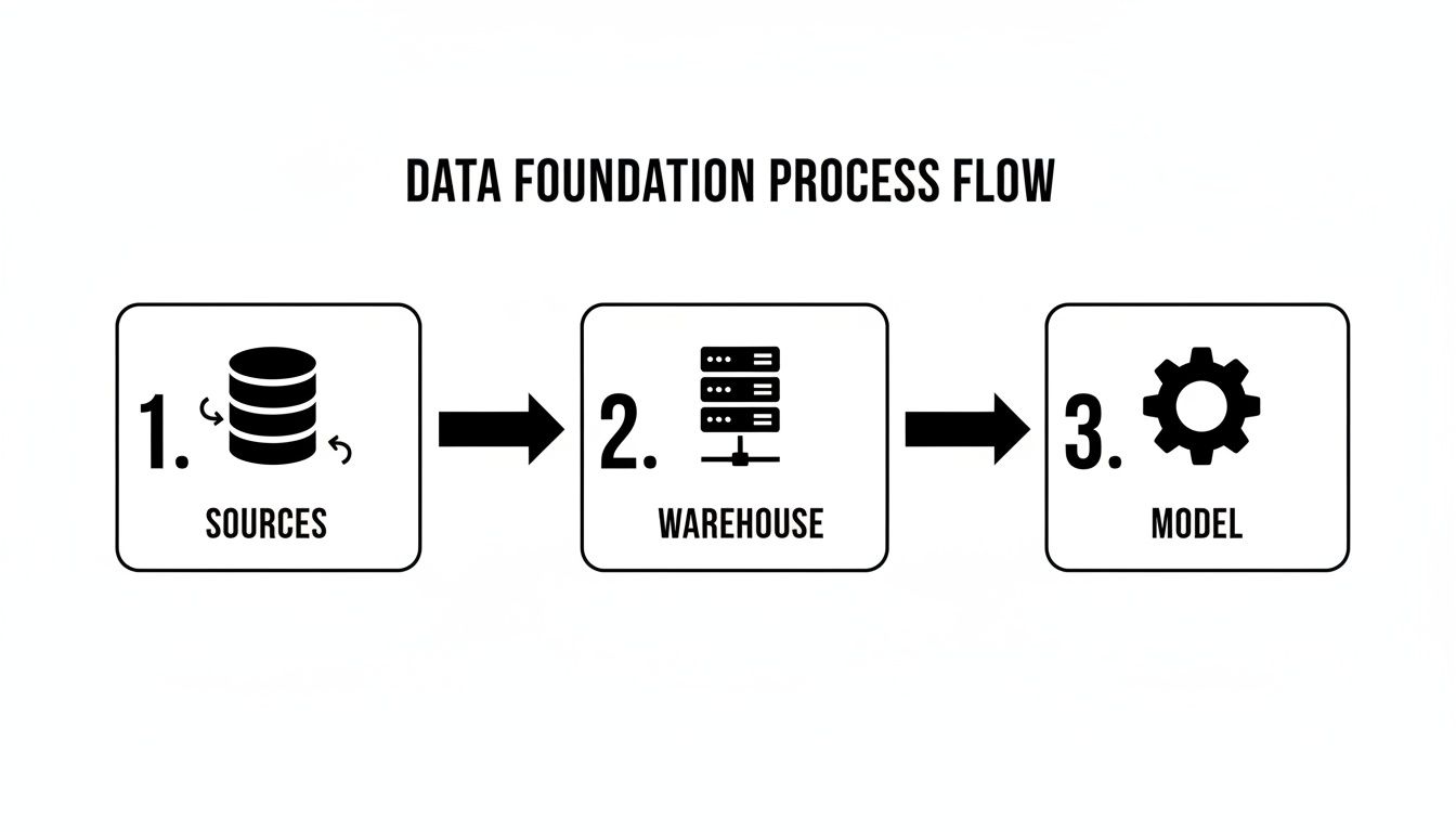 A clear diagram illustrating the data foundation process flow from sources to a warehouse and then to a model.