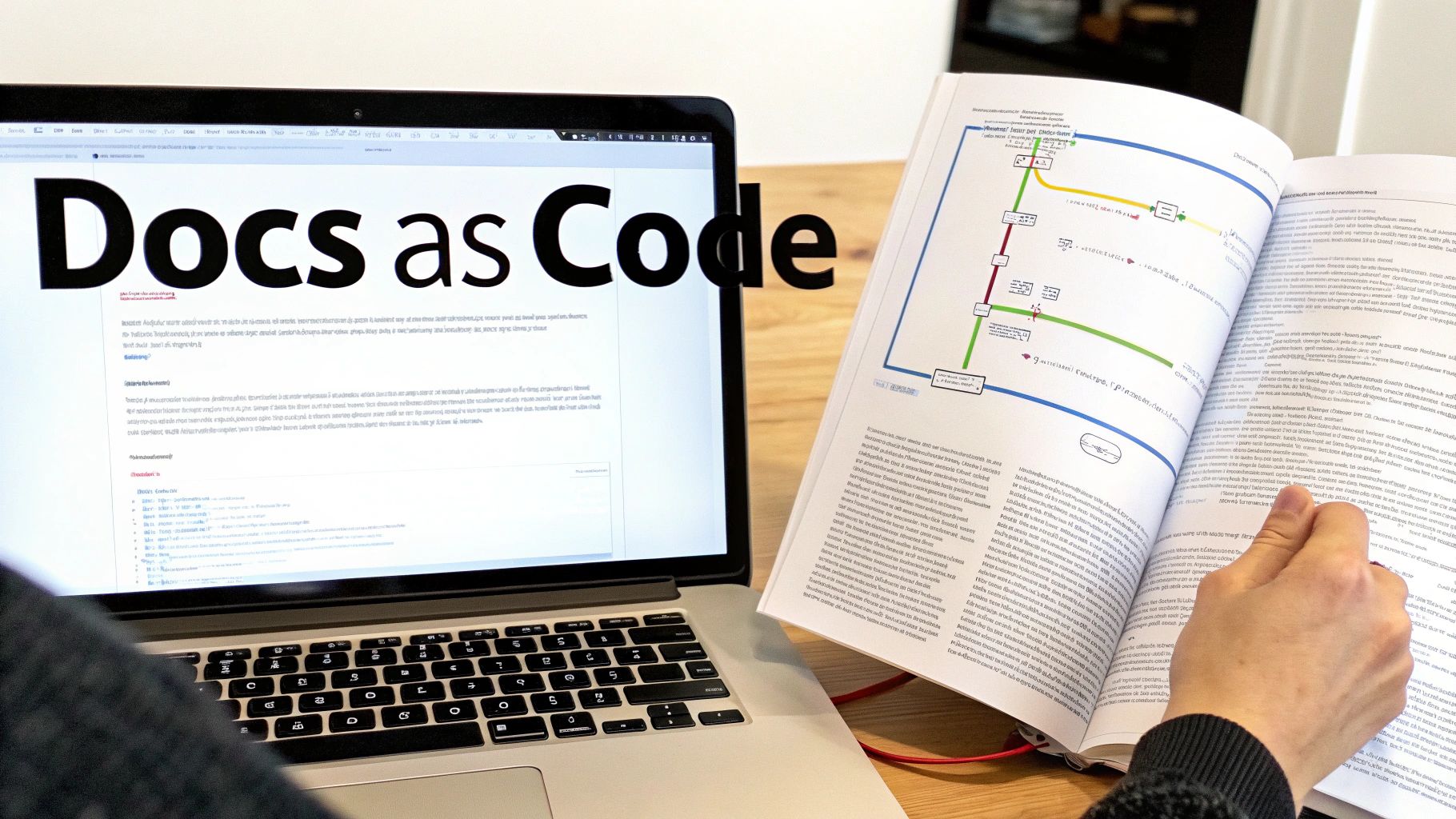 A person working with a laptop displaying 'Docs as Code' and consulting a physical book.