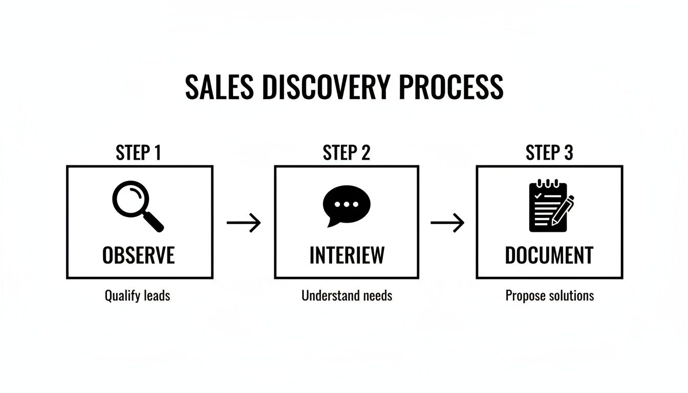 A sales discovery process flowchart showing three steps: Observe, Interview, and Document, for qualifying leads, understanding needs, and proposing solutions.