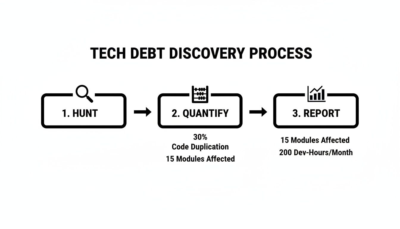 Flowchart illustrating the three-step tech debt discovery process: hunt, quantify, and report.