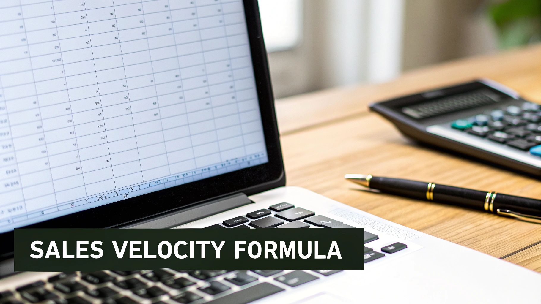 A laptop displays a sales spreadsheet on a wooden desk with a calculator and pen, showcasing the sales velocity formula.