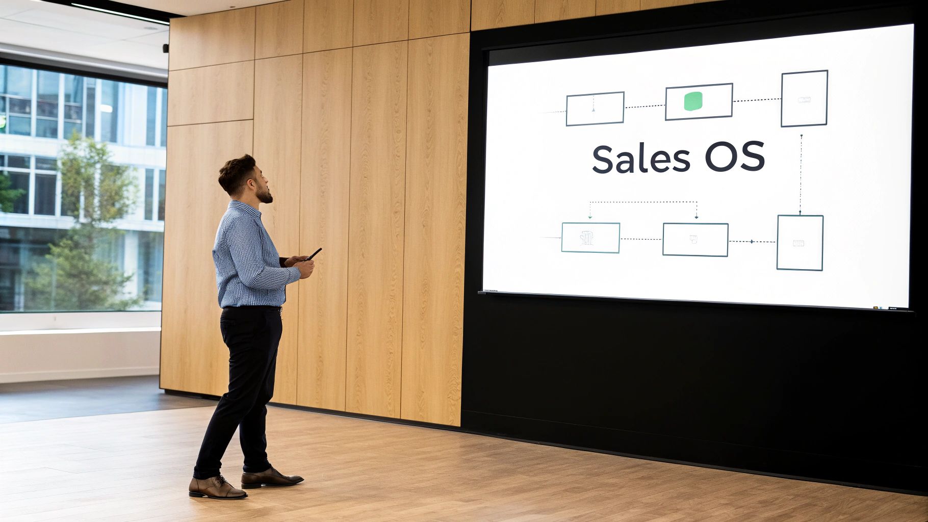 A man presents a 'Sales OS' diagram on a large screen in a modern conference room, holding a remote.