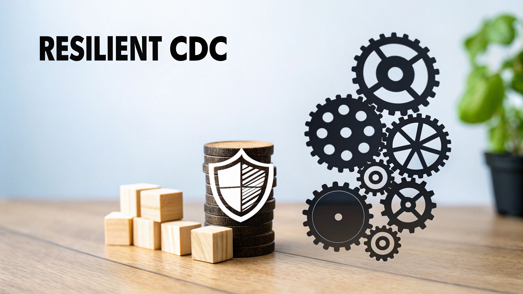 Text 'RESILIENT CDC' above a shield icon, wooden blocks, and a cluster of gears, symbolizing robust systems.
