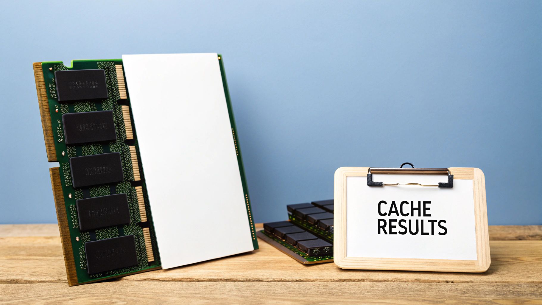 Computer RAM modules and a clipboard displaying 'CACHE RESULTS' on a wooden table.