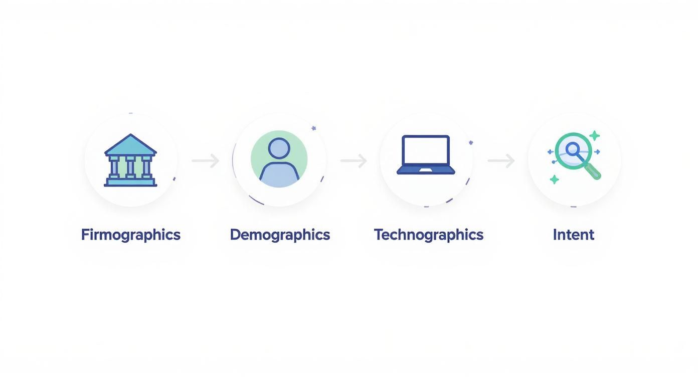 Infographic showing the four pillars of B2B data enrichment: firmographics, demographics, technographics, and intent data with definitions and examples