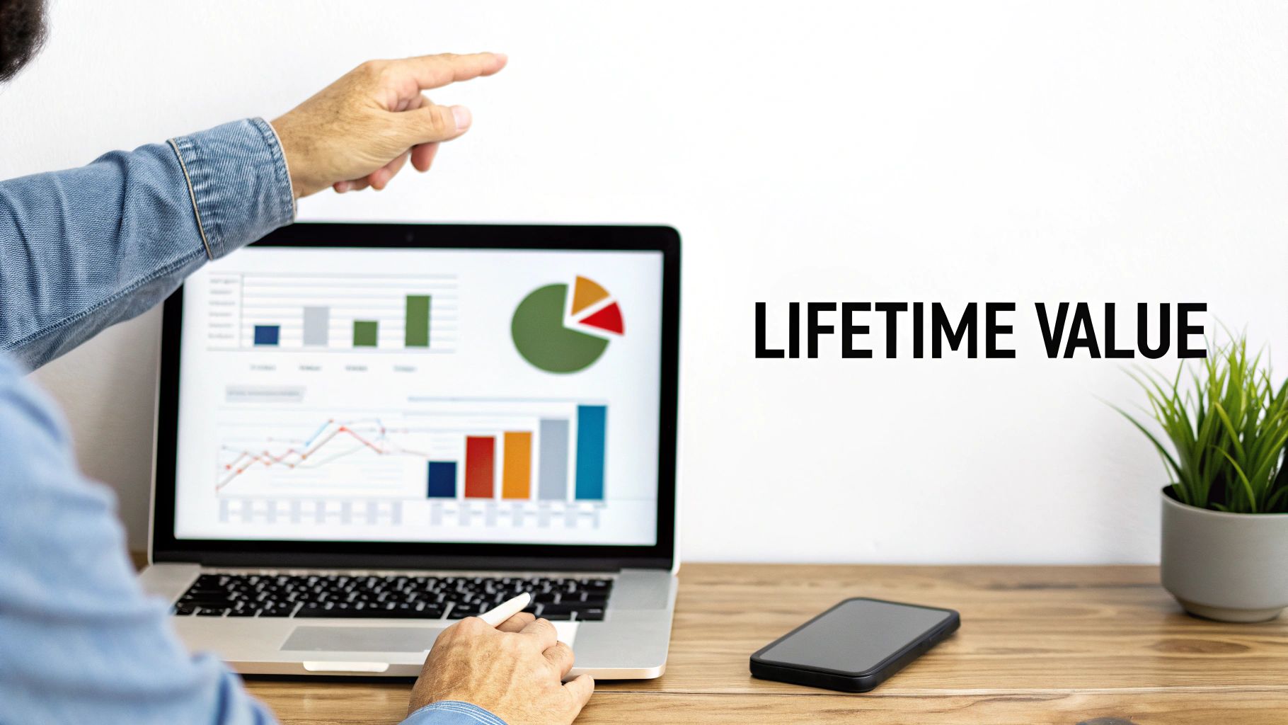 A person reviewing business data and charts on a laptop, with 'LIFETIME VALUE' text on the wall.