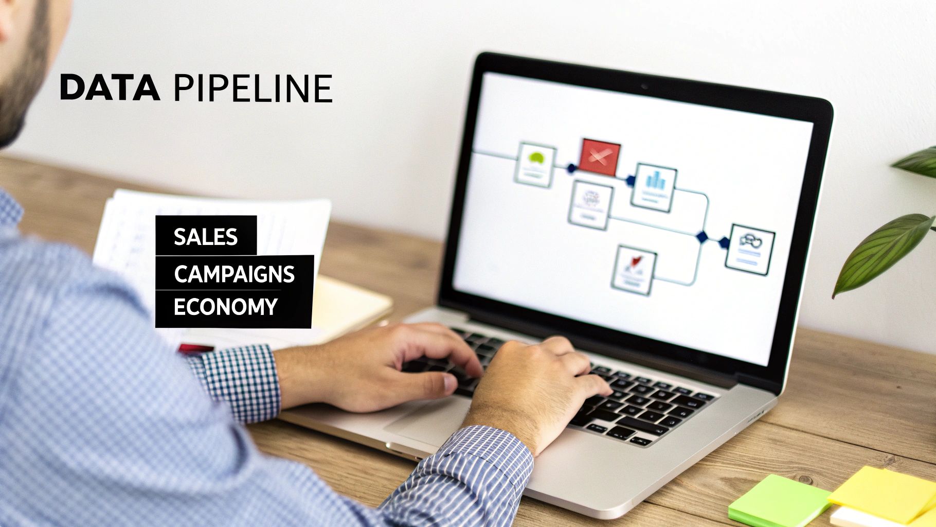 A person types on a laptop displaying a data pipeline diagram, with 'DATA PIPELINE' and 'SALES CAMPAIGNS ECONOMY' text visible.